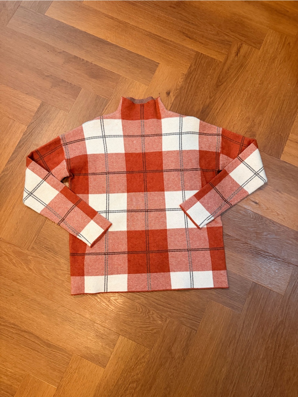 Rachel Zoe Plaid Mock Neck Sweater Large Rust Orange Cream Oversized